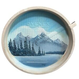 Vintage Mountain Scene Painting on Ovenex Perfect Bakeware Upcycled Art 9.25"